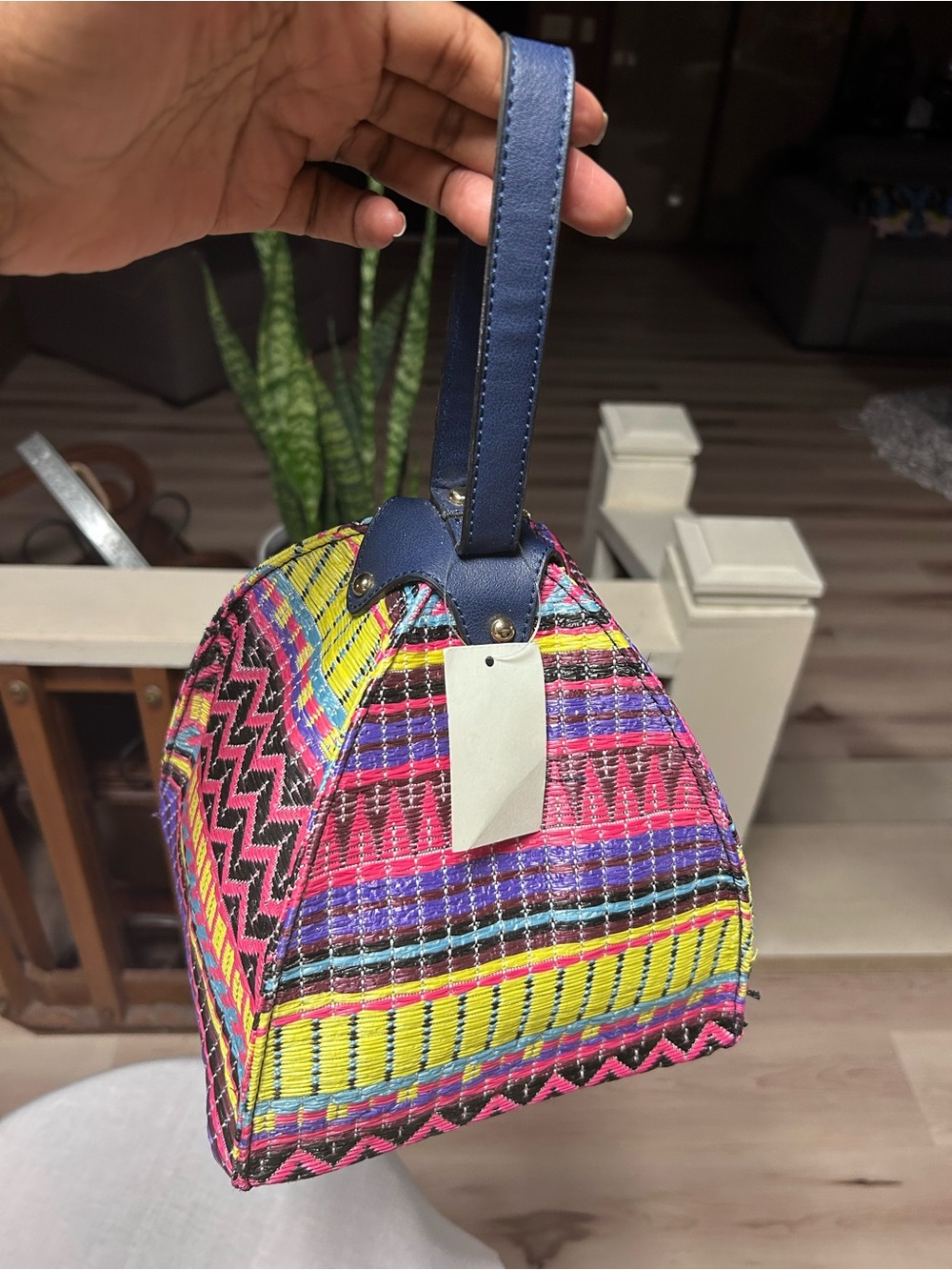 Multicolor Woven Dome Wristlet Clutch with Navy Strap